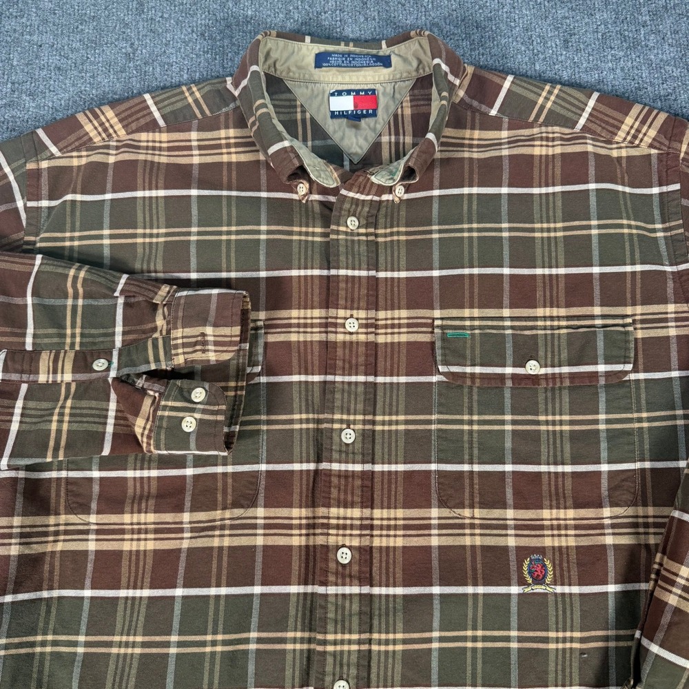 Tommy Hilfiger Mens XL Plaid Button Down Shirt Earth Tone Long Sleeve #4210
